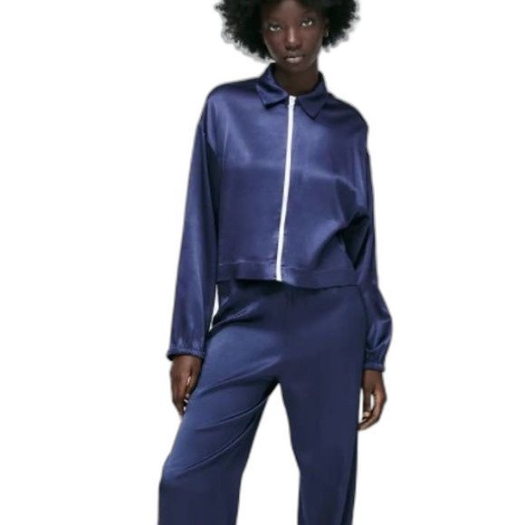 ZARA blue jogger jacket Satin effect zipper lightweight tracksuit jacket size S - Picture 4 of 13